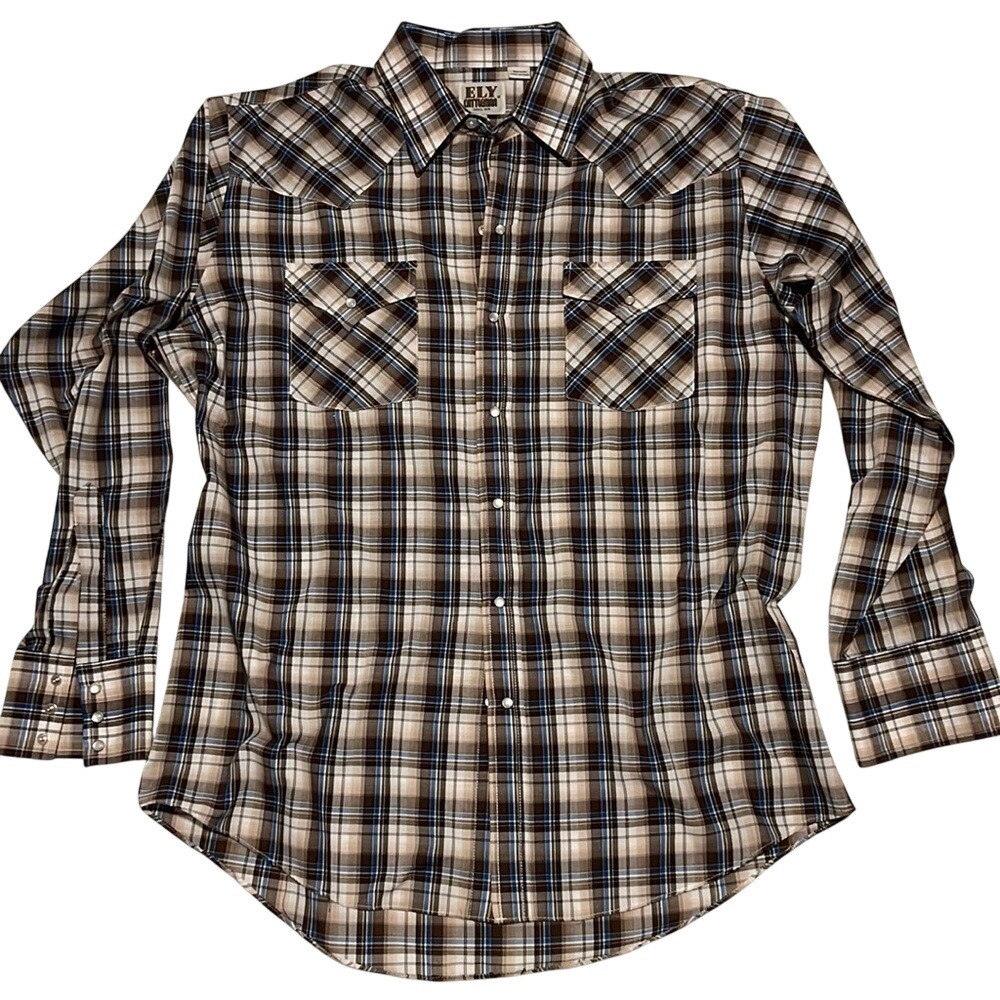 Ely Cattleman Men's Plaid Shirt - Brown, Black, and White‎ L Pearl Snap Western